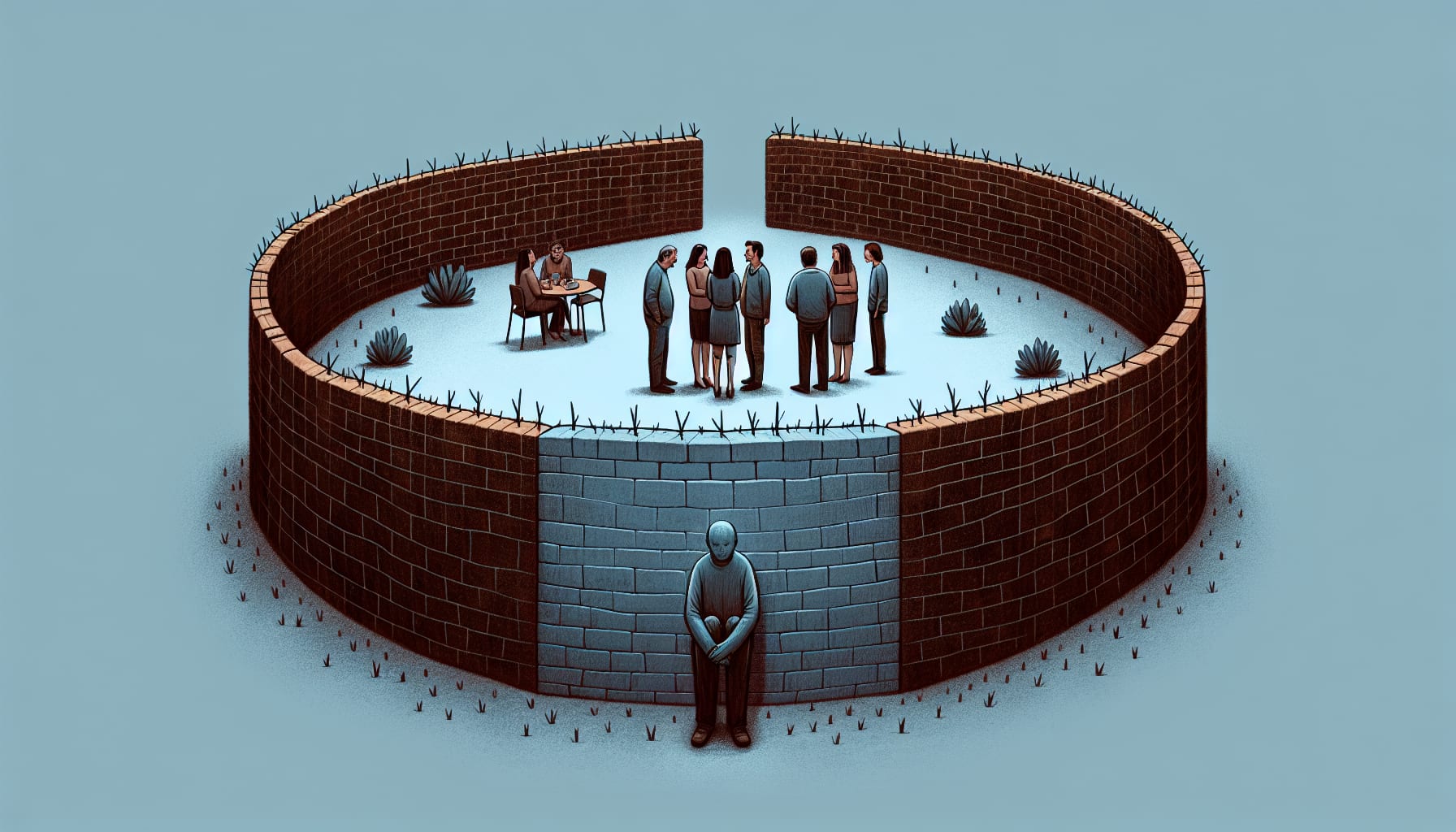 A solitary person stands outside a circular, barbed-wire-topped brick enclosure in San Francisco, observing a group of people inside. A lone individual sits at a table interacting with the group, indicative of adults undergoing RAD treatment.