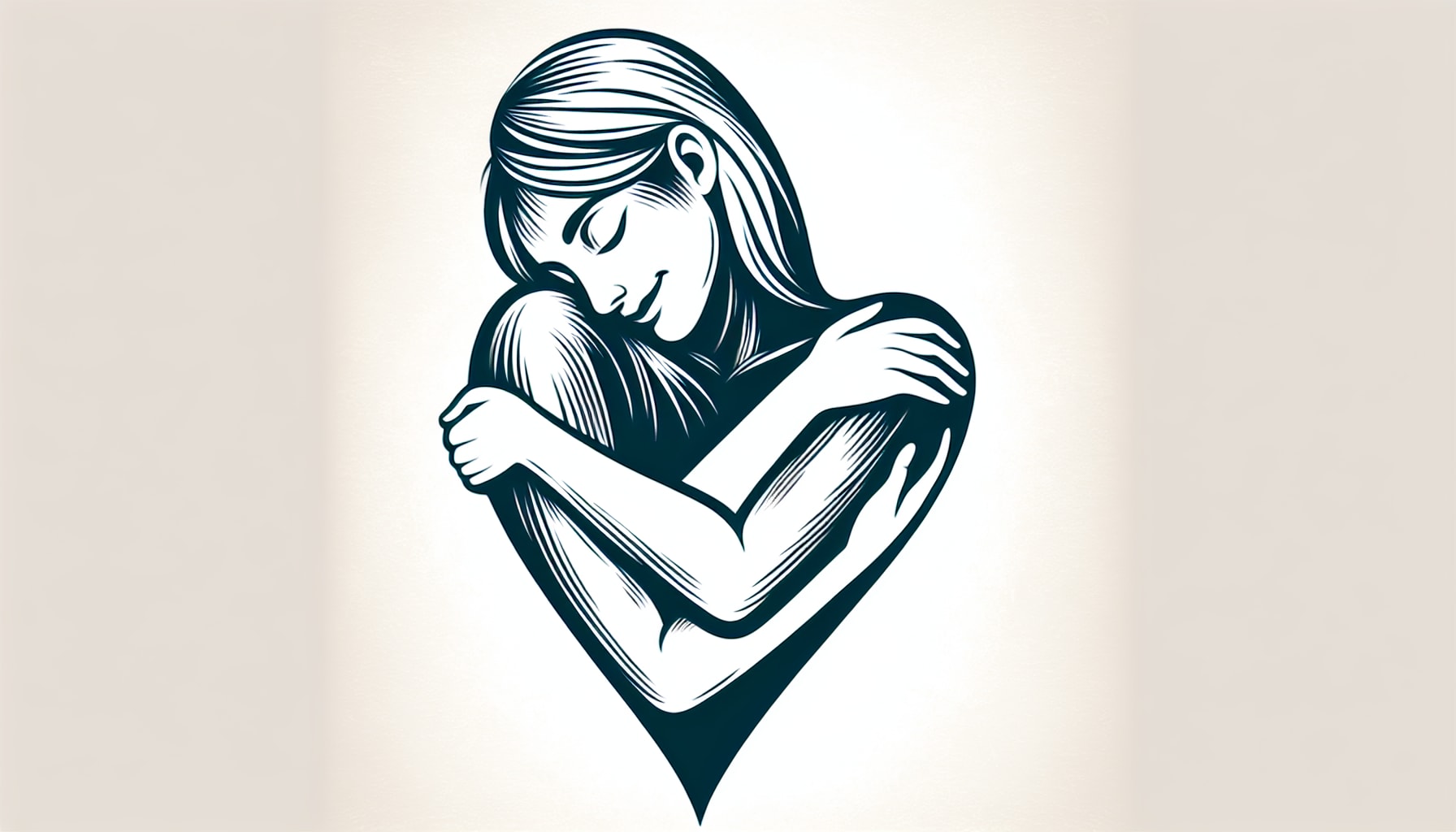 Illustration of a person embracing themselves with a heart, representing self-compassion and self-love