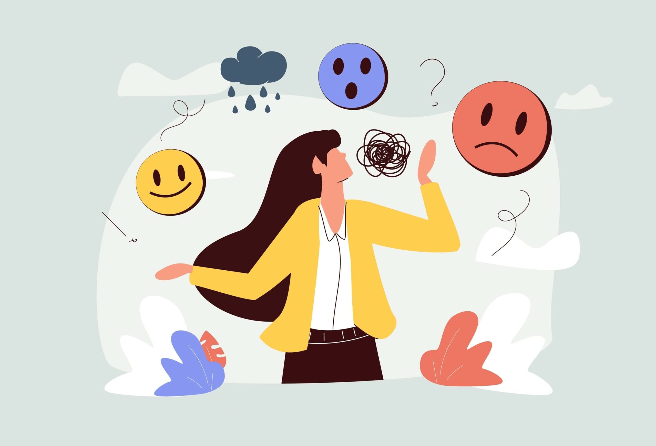 Illustration of a person juggling different emotions, represented by icons of a smiley face, sad face, confused face, and a rain cloud, surrounded by abstract shapes and plantsâcapturing the essence of bipolar disorder treatment in San Francisco.