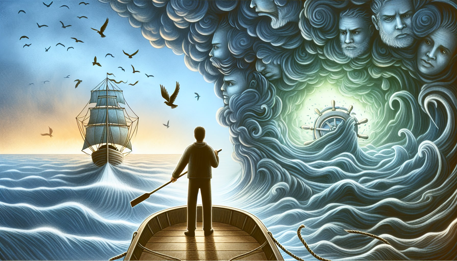 Illustration of a boat and a boy rowing in a chaotic ocean representing emotional regulation skills from emdr trauma therapy
