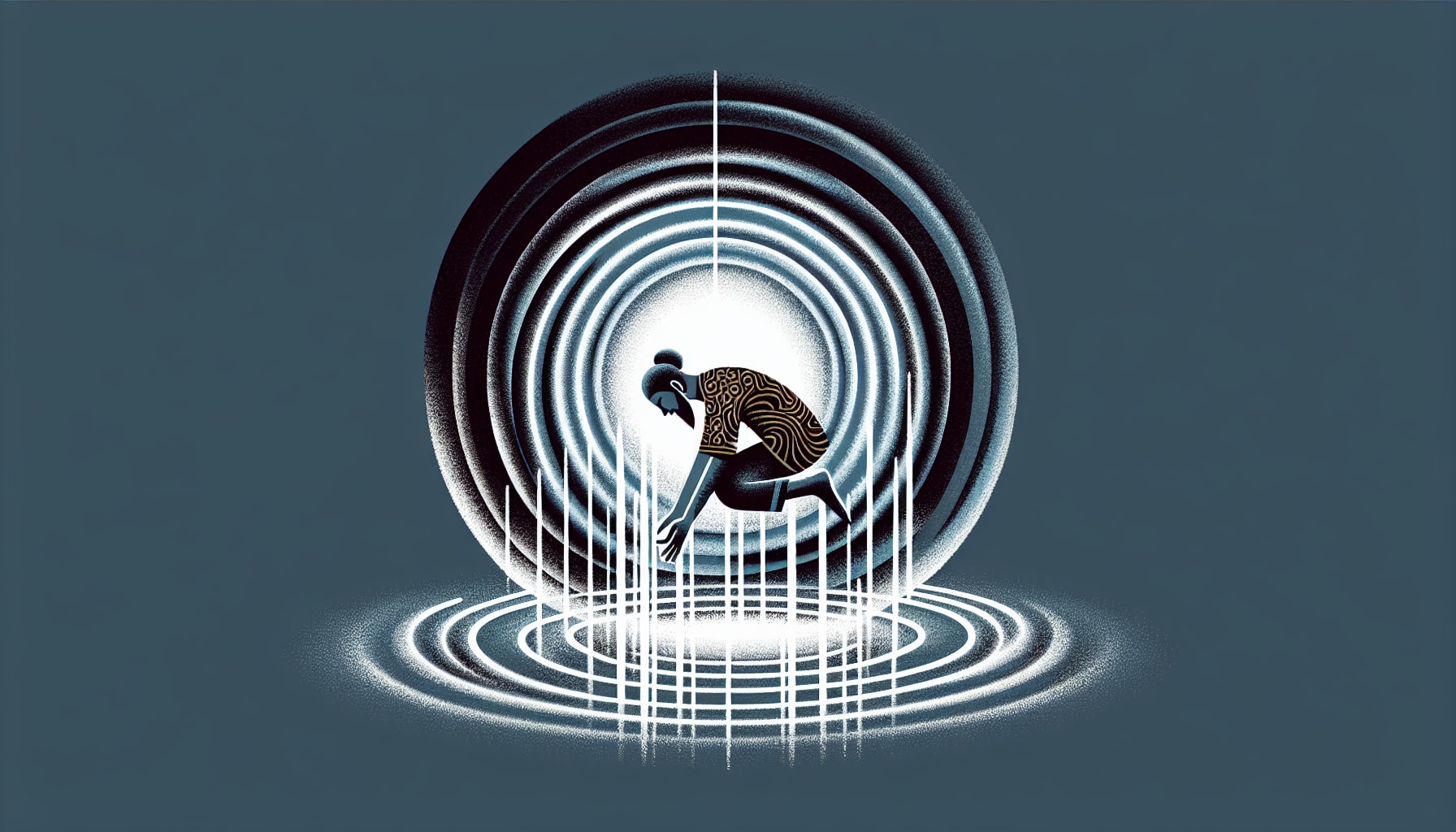 A person in a patterned shirt bends forward inside a series of concentric circles emitting white rings and lines on a dark blue background, reminiscent of the visual aids used in EMDR therapy.