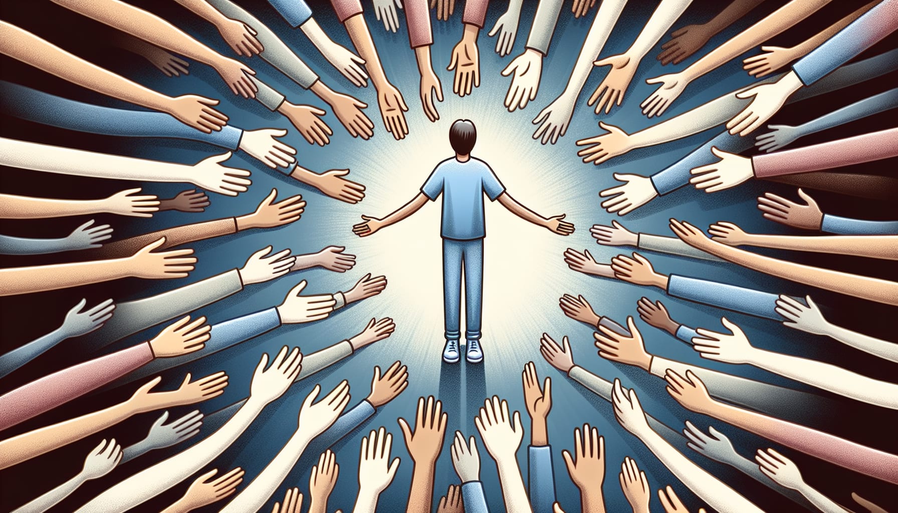 Illustration of a person surrounded by supportive hands, symbolizing mental well-being and genuine connections
