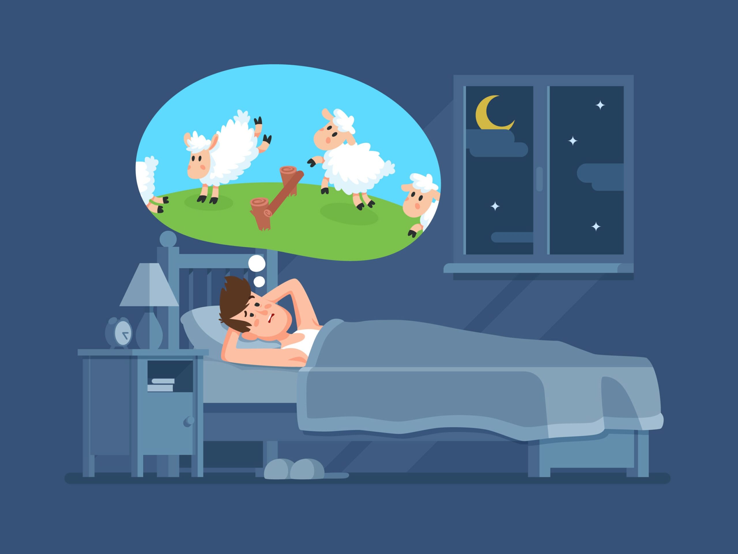 A person lying in bed awake at night, practicing cognitive shuffling by imagining sheep jumping over a fence, with a window showing a crescent moon and stars in the background. The person clearly needs a cognitive therapist in san Francisco for CBT-I SF. 