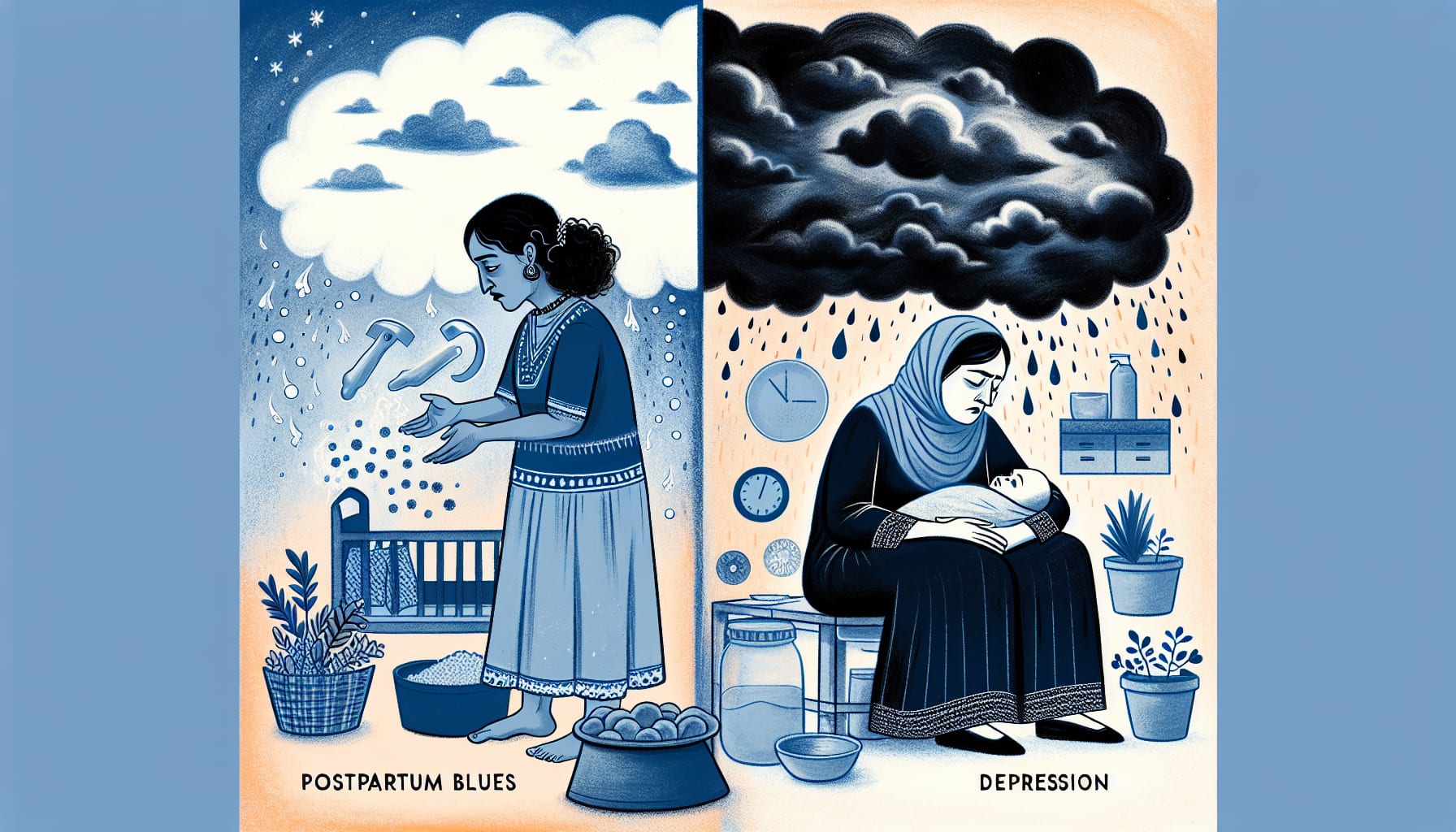 Illustration depicting the comparison between postpartum blues and depression