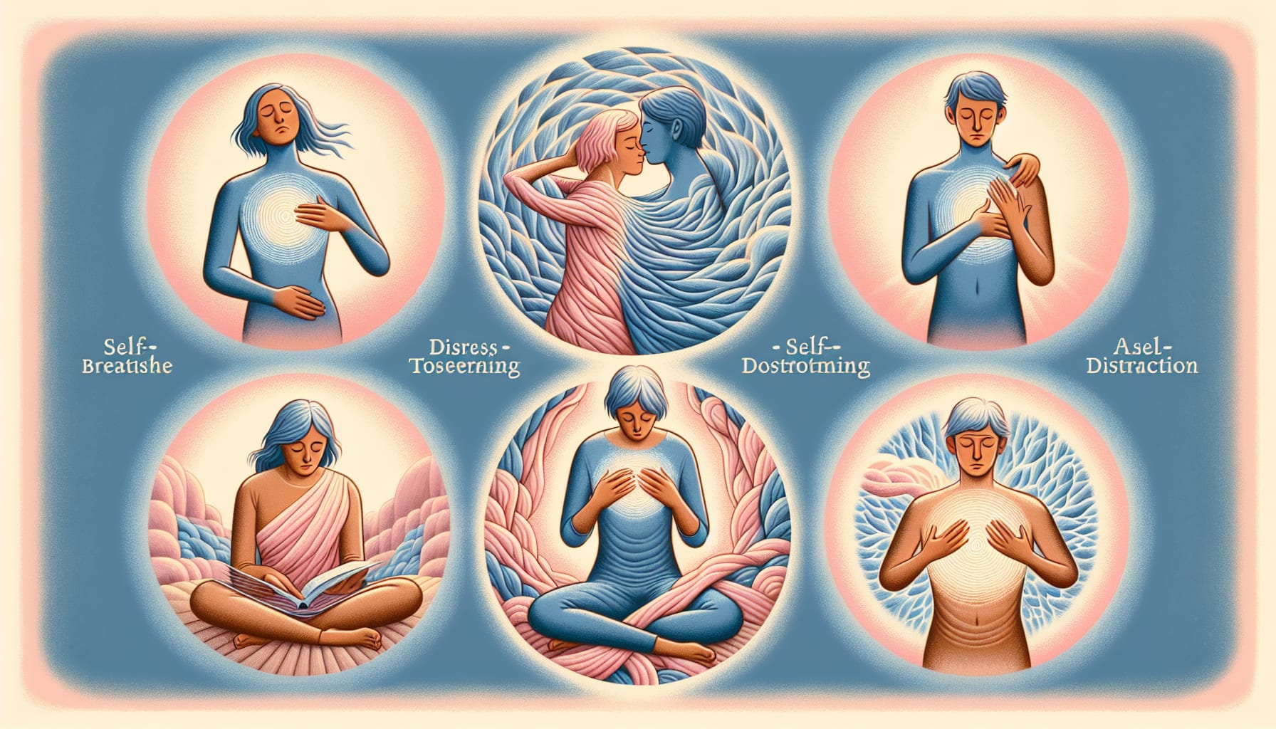Illustration depicting six individuals in various self-care activities, including breathing exercises, distress tolerance, movement, distraction, reading, and meditation—guided by DBT therapists SF.