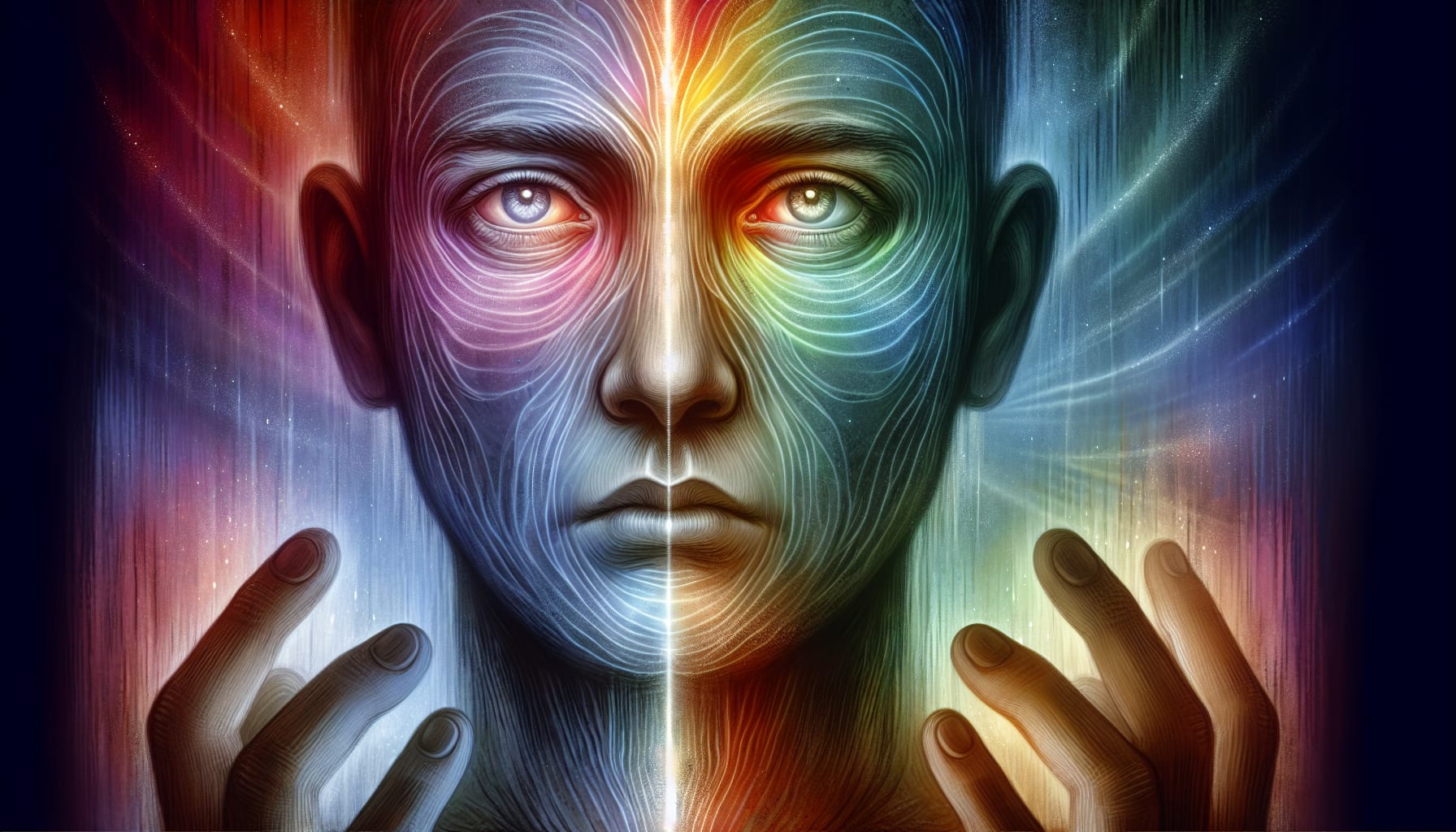 An abstract, multicolored digital illustration of a person's face and hands, split symmetrically by a bright line with intricate wave-like patterns, evokes the journey through SF trauma counseling and is set against a glowing, ethereal background.