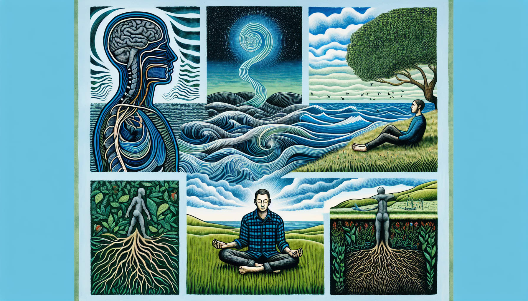 Collage art depicting a human neurological diagram, a man meditating, a tranquil beach, and figures connected to nature with roots extending into the earth. This serene imagery beautifully illustrates concepts akin to somatic based therapy San Francisco practitioners often explore.