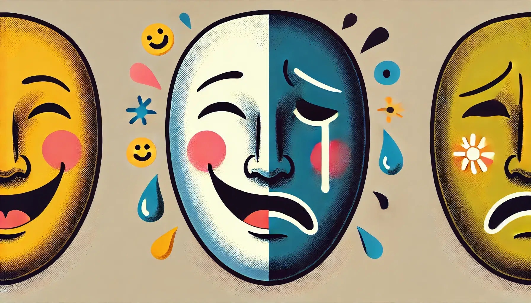 A mask split in half shows a happy face on the left and a sad face with a tear on the right, surrounded by smiling, sweating, and crying emojis, symbolizing the emotional highs and lows faced by those seeking treating bipolar disorder San Francisco.