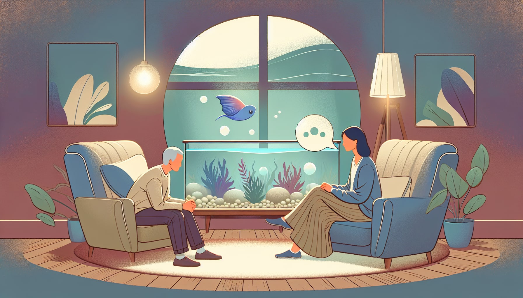 a San Francisco trauma therapist sits facing her client in armchairs, engaged in conversation, with a large aquarium behind them in a warmly lit therapy office—an inviting setting for trauma counseling San Francisco.