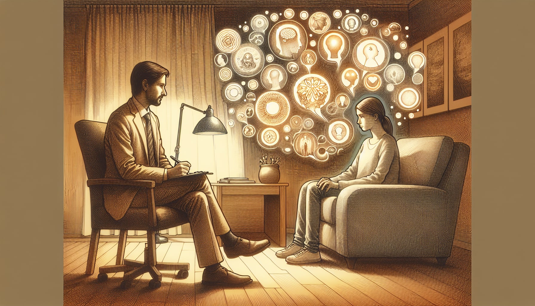 Illustration of initial assessment in EMDR therapy with a San Francisco emdr therapist sitting with a young woman and taking notes. 