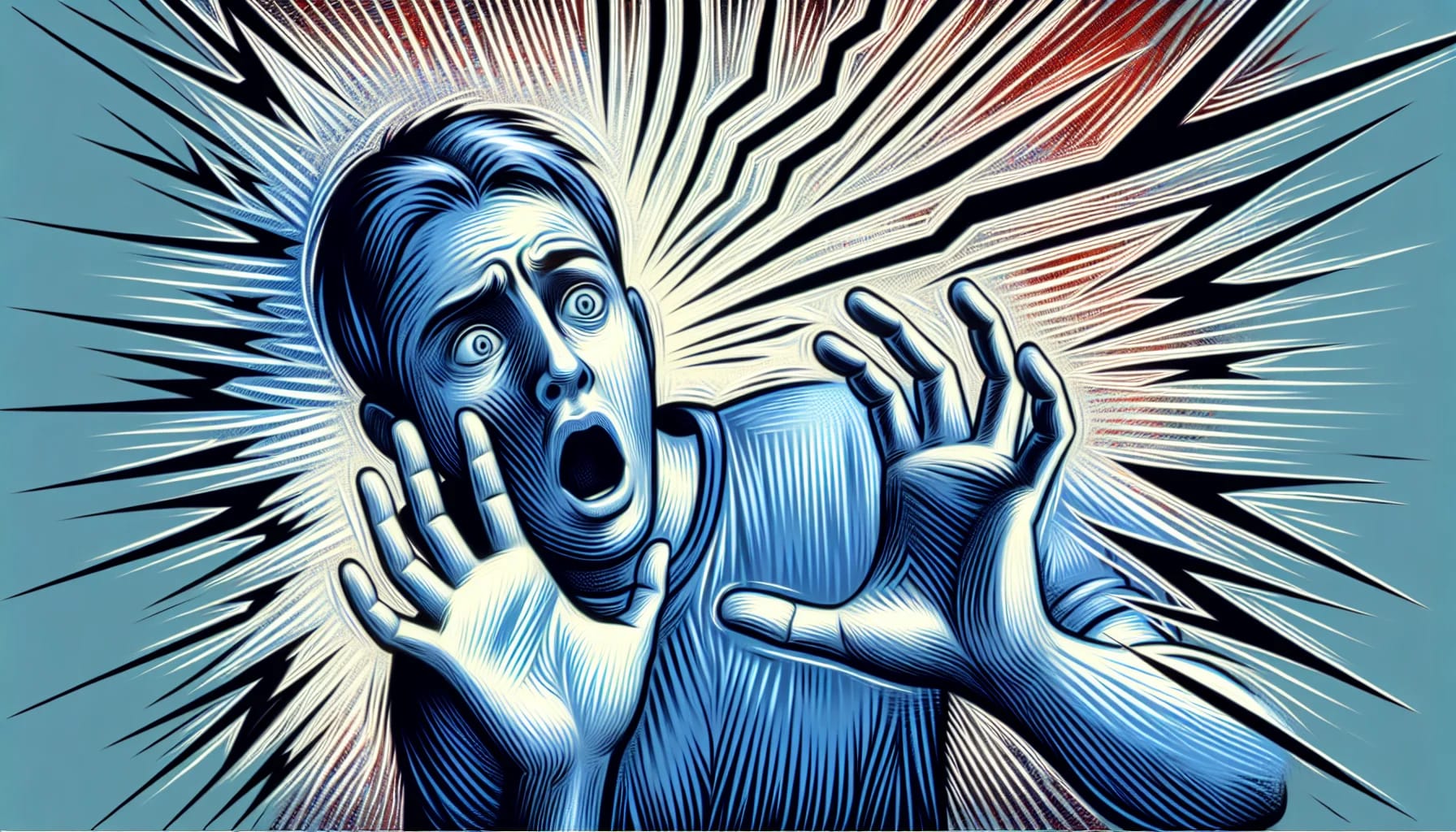 Illustration of a person with a shocked expression, hands raised defensively, surrounded by radiating lines suggesting surprise or alarm—much like someone reacting to intense emotions during a session with a trauma therapist.