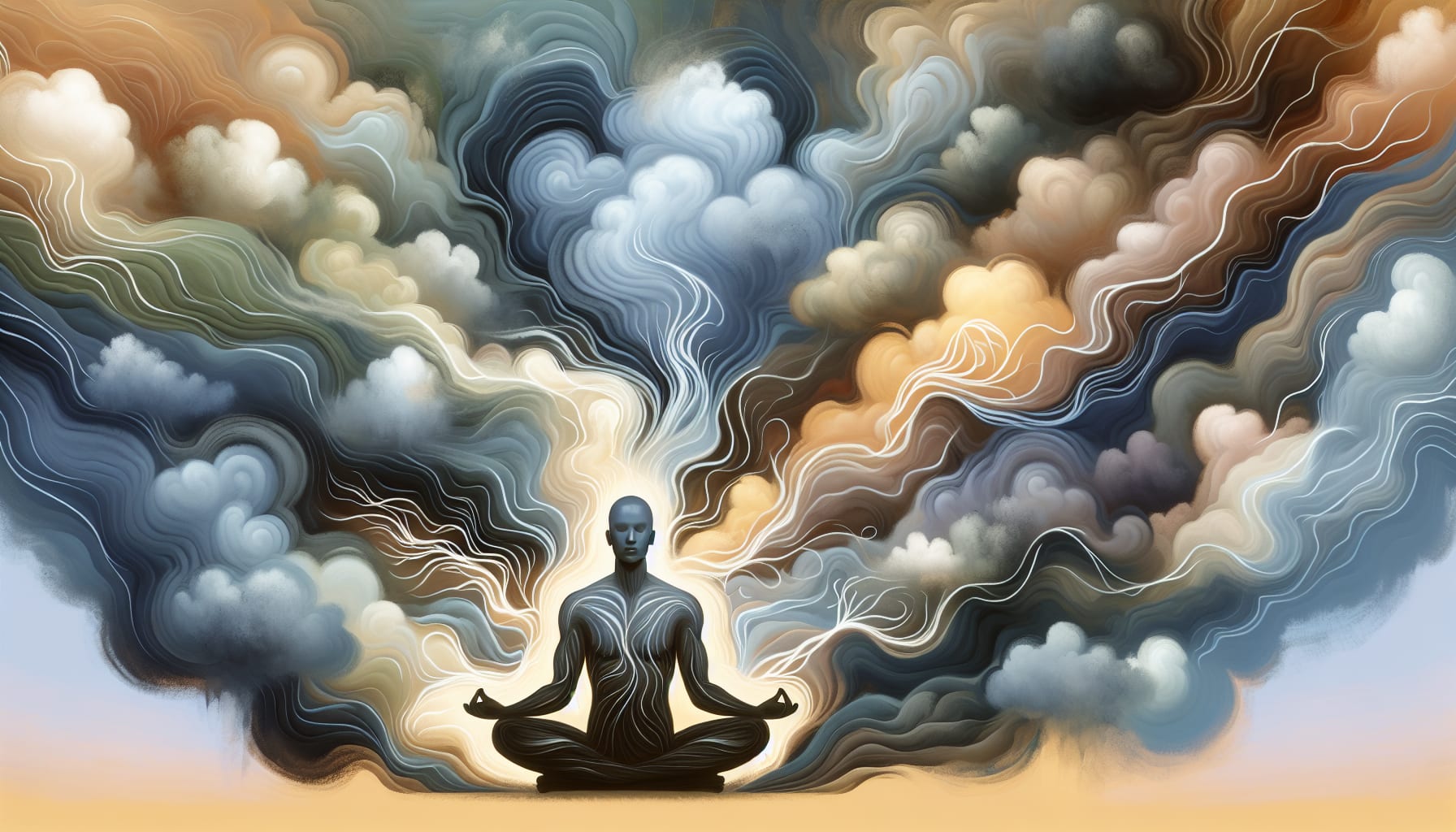 A person meditating with eyes closed, surrounded by swirling, colorful clouds that emanate from their body, set against a gradient background — a serene scene reminiscent of somatic based therapy in San Francisco.
