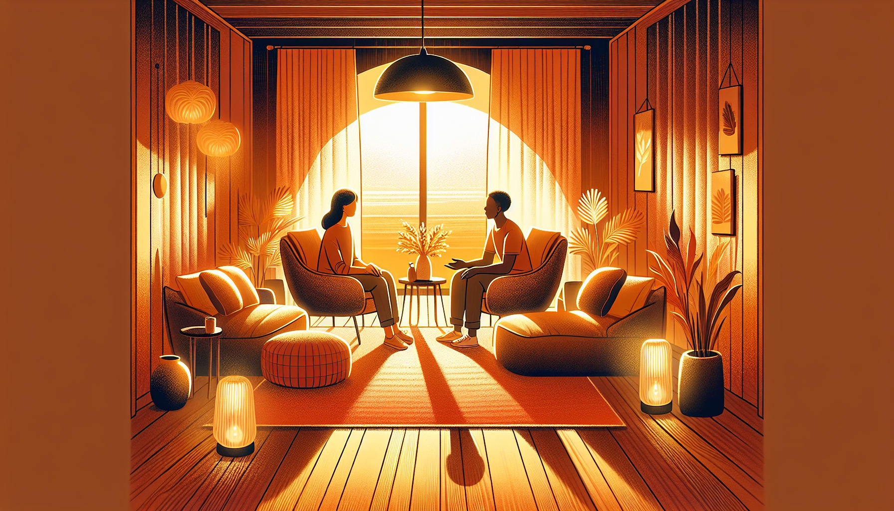 Illustration of a supportive therapy environment with warm colors