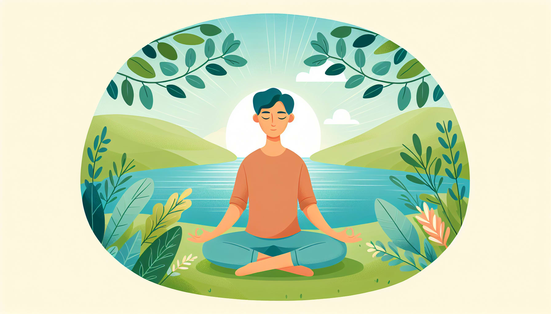 A person sits cross-legged meditating outdoors by a lake, surrounded by plants and trees with hills and a partly cloudy sky in the background, finding tranquility much like one might with the guidance of a San Francisco DBT therapist.