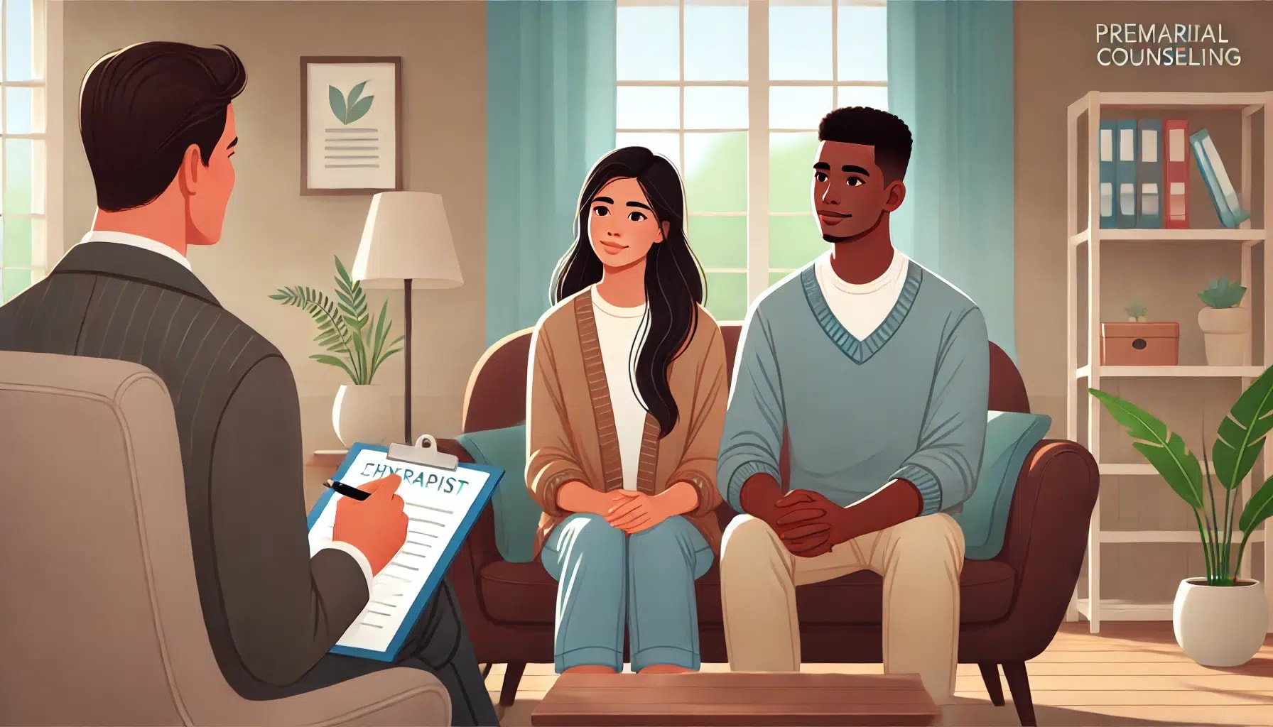 A couple sits on a couch during a premarital counseling session with a relationship counselor in San Francisco holding a clipboard. The room is well-lit with a large window, plant, and bookshelf in the background.
