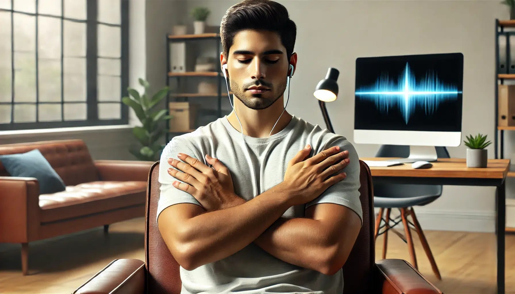A person sits in an office chair with eyes closed, wearing earbuds, and has arms crossed over their chest. In the background, a computer monitor displays a blue waveform, suggesting he is engaging with an online emdr therapist in EMDR virtual therapy California.