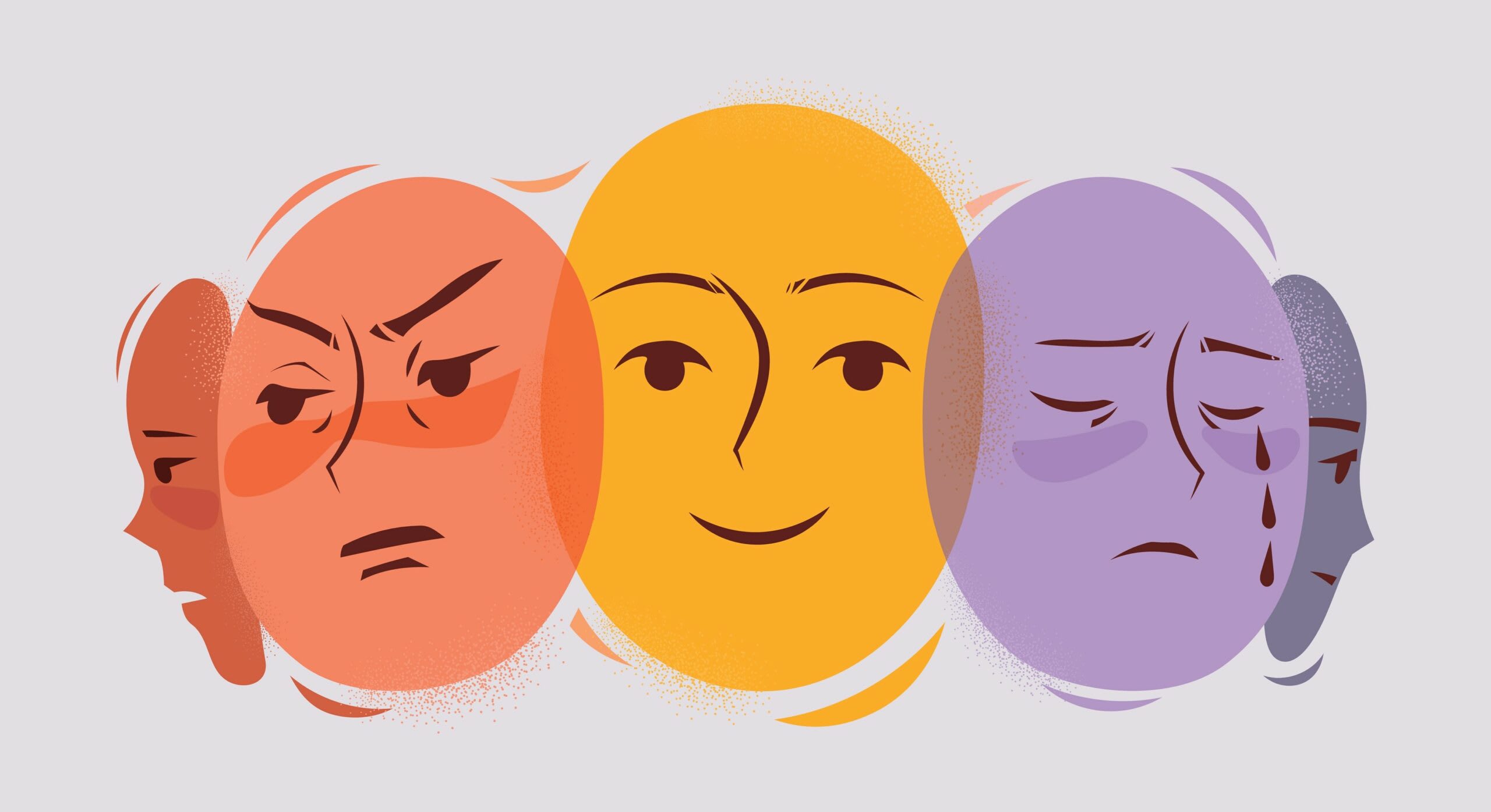 Illustration of three faces in different colors representing various emotions: an orange face showing anger, a yellow face expressing happiness, and a purple face depicting sadness, resonating with the emotional spectrum explored by SF therapists for bipolar disorder.