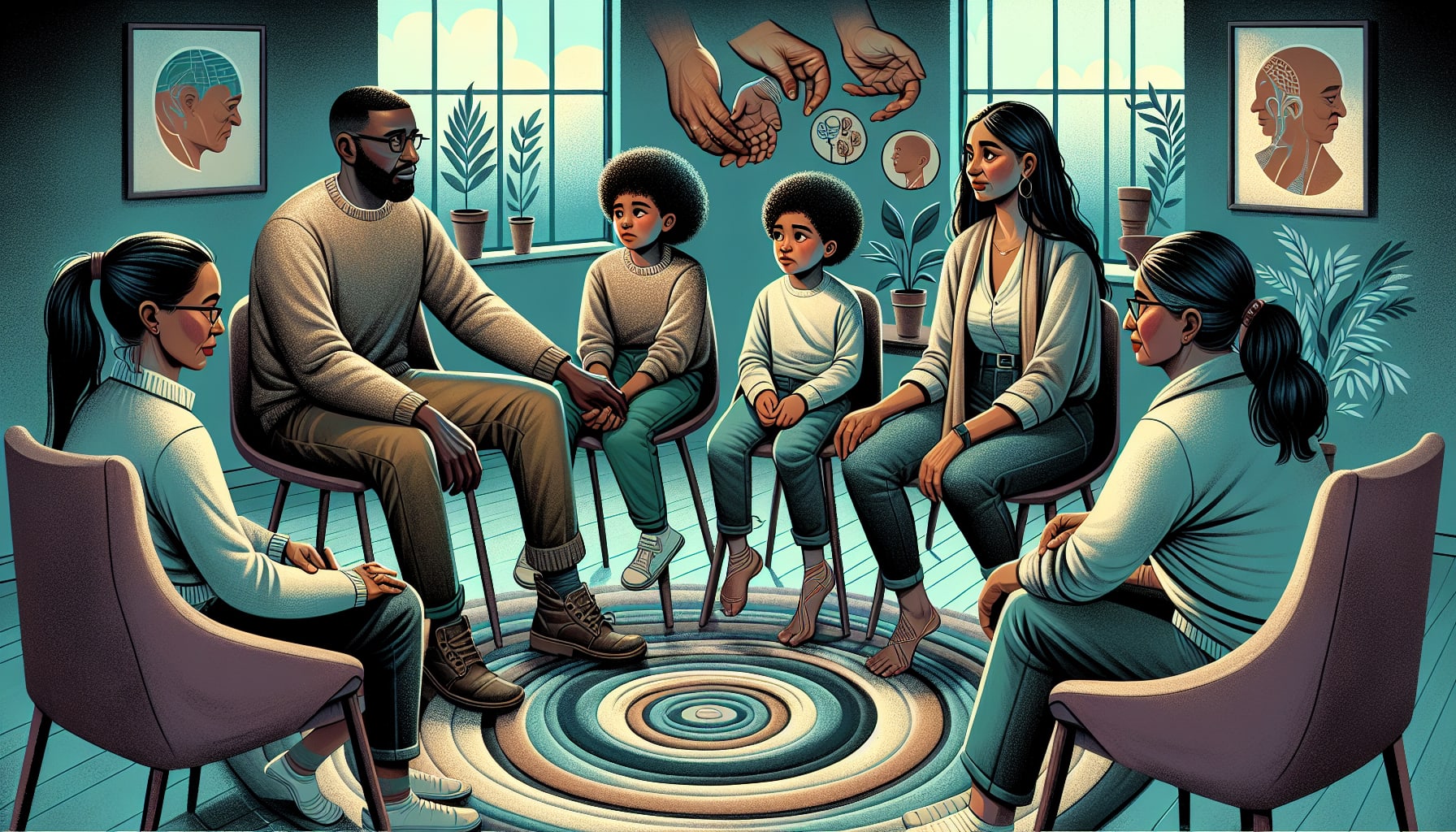 Illustration of a family in therapy san Francisco 