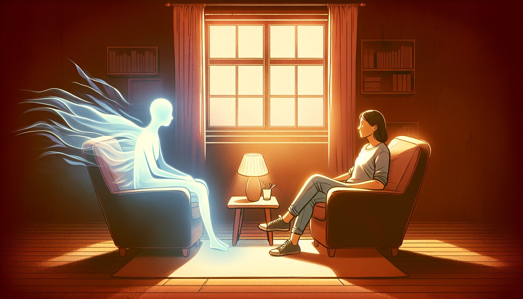 Illustration of a person in therapy session confronting traumatic memories