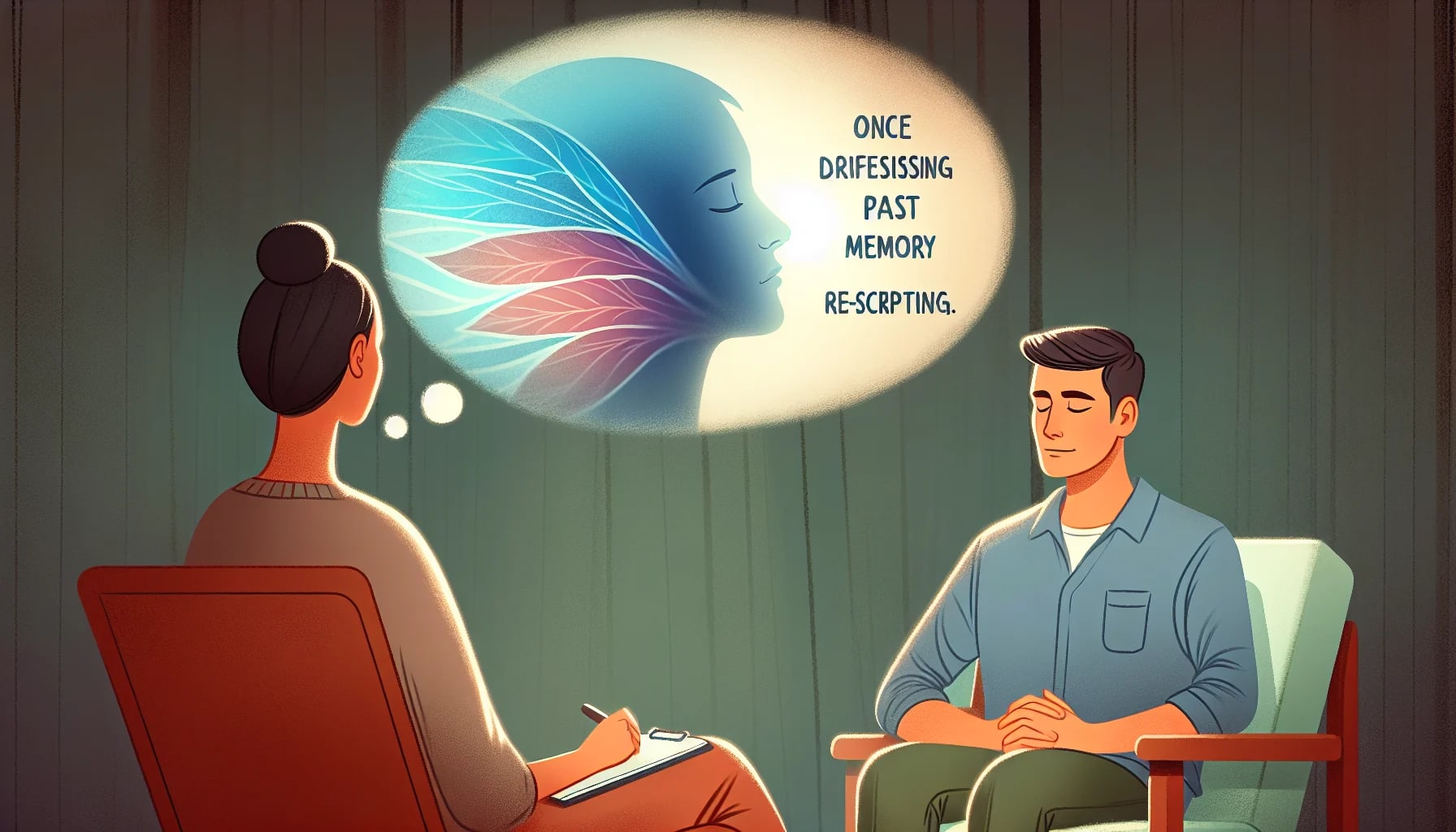 An individual visualizing and reframing a distressing past memory with the help of a therapist