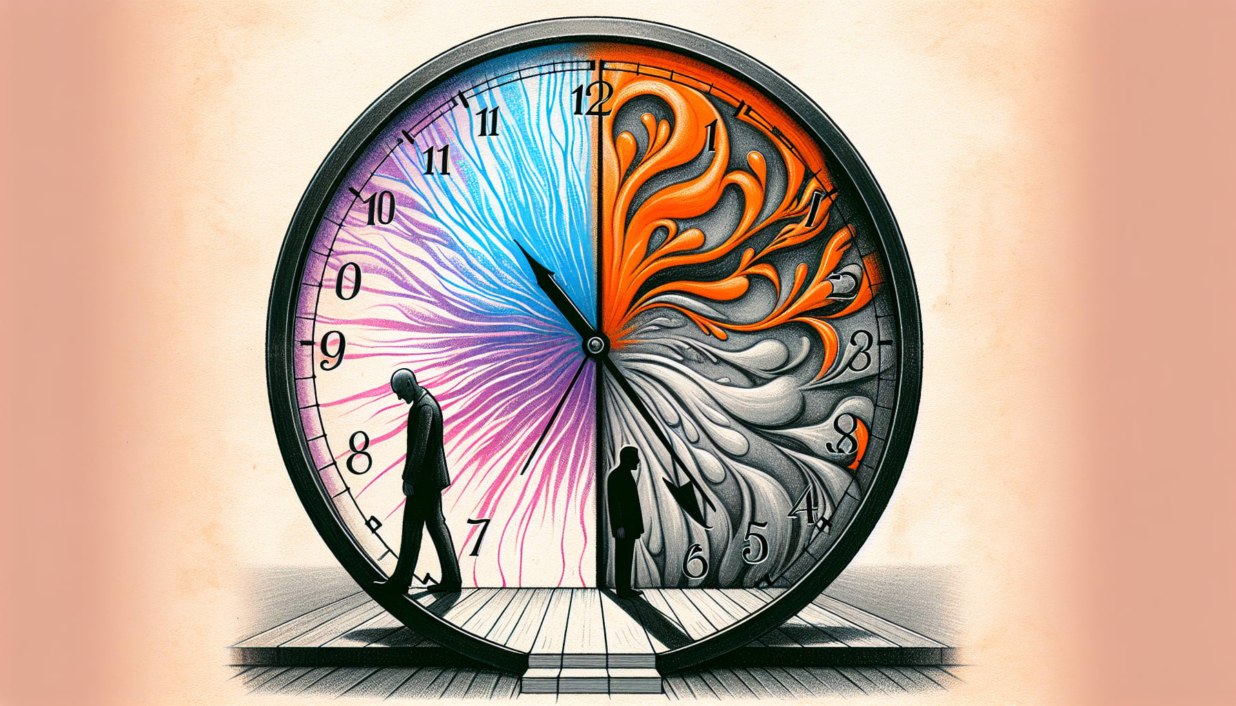 Illustration of a large clock with vibrant, swirling colors on its face. A tall figure walks on one side, and a smaller figure on the other, as the clock appears to be divided symmetrically—a metaphorical nod to treating bipolar disorder in San Francisco.