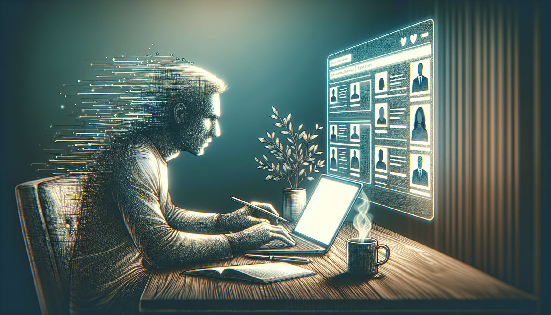 A person working on a laptop with a digital screen displaying profile images in front of them. Beside them, a notebook, pen, and coffee cup sit on the wooden table. They might be researching reputable Premarital Counselors in San Francisco for their upcoming session.