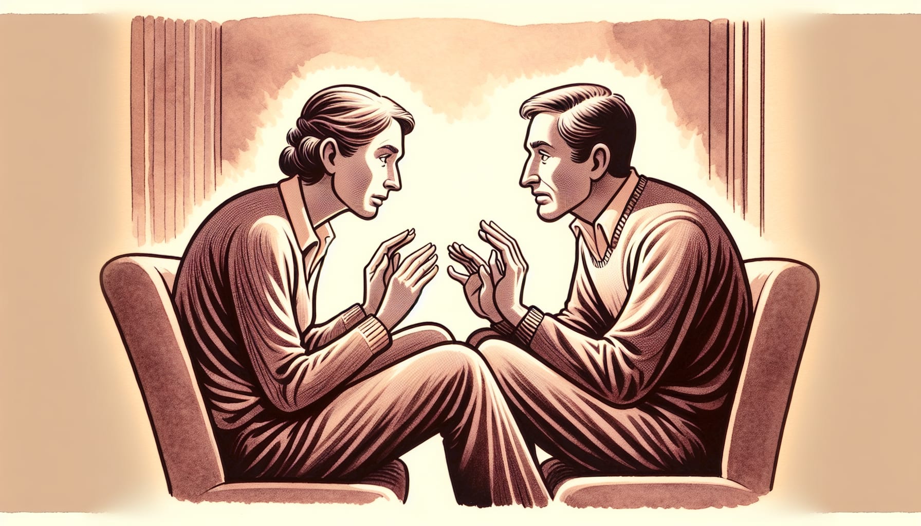 Illustration of a couple practicing active listening with a San Francisco premarital counselor