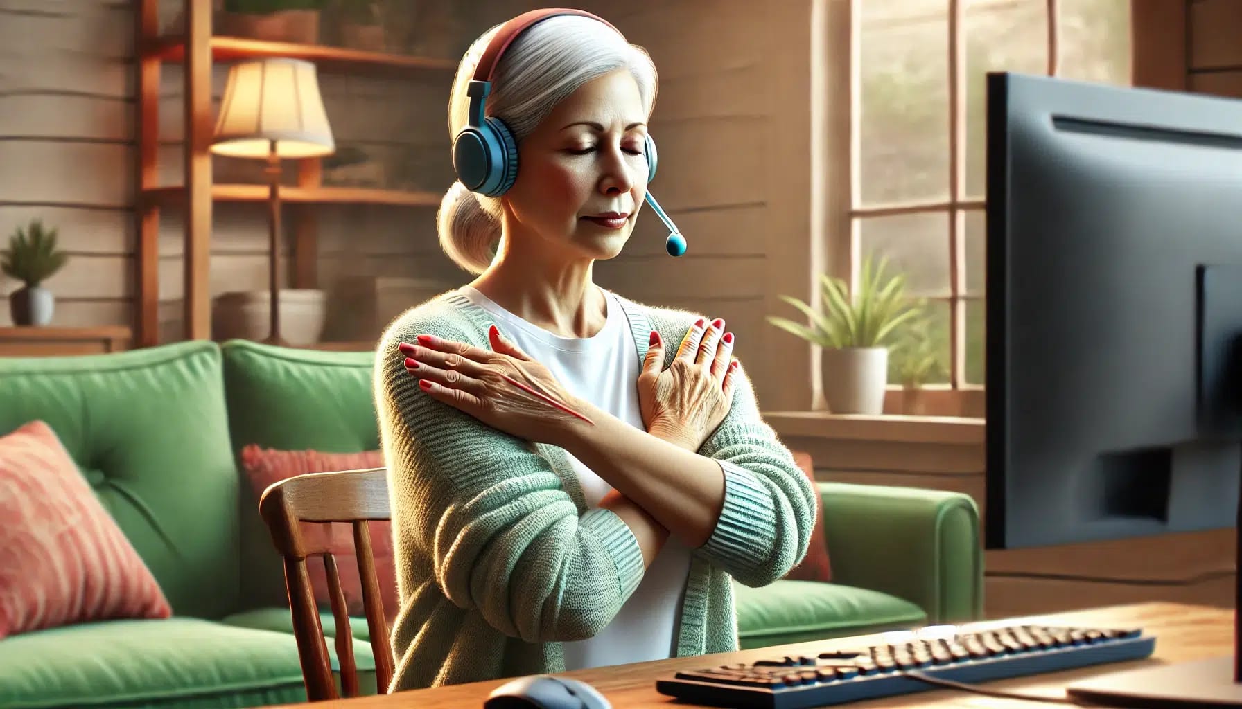 An elderly woman with white hair, wearing a headset and a green sweater, sits in front of a computer with eyes closed and arms crossed. She engages in a calming exercise as part of her online EMDR therapy session from California, within the comfort of her cozy home office chatting with a licensed emdr expert.