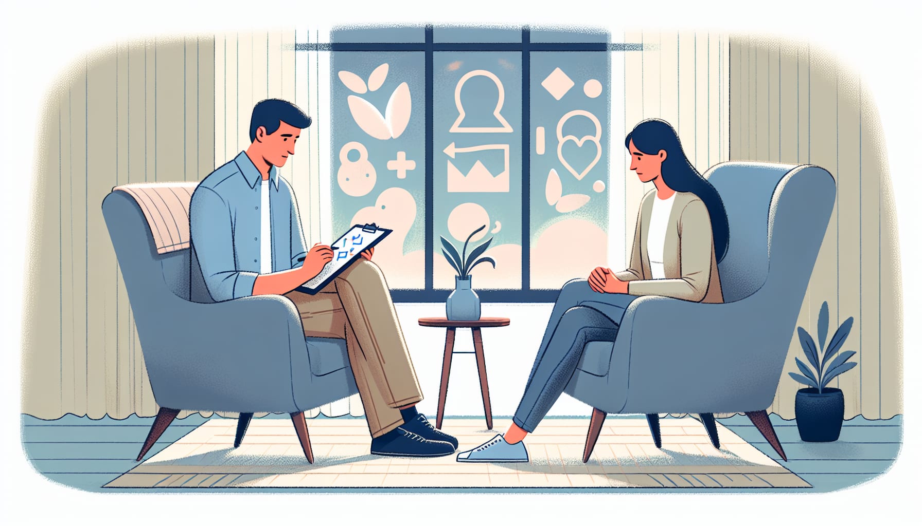 Illustration of a therapist discussing personalized treatment plans with a patient