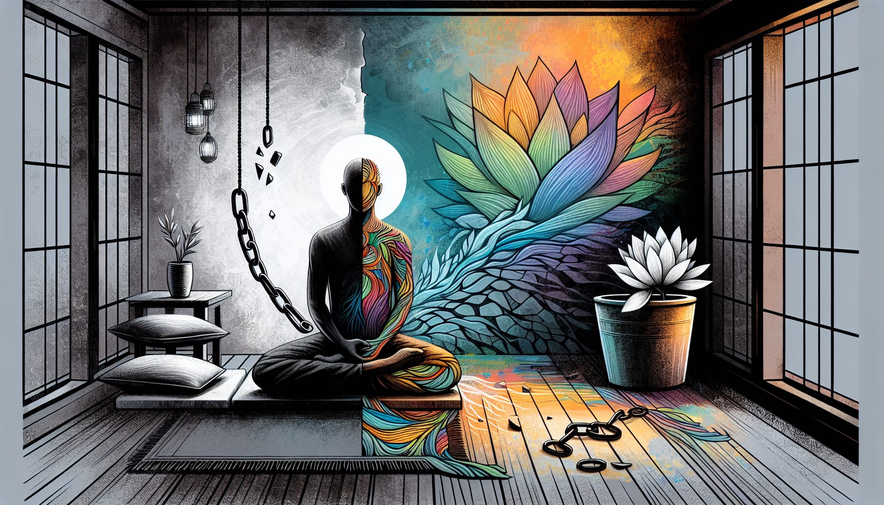 A person sits in a meditative pose on a cushion in a room. The wall behind them transitions from monochrome to colorful, depicting a lotus flower. Chains are broken on the floor, symbolizing freedom and healing, much like the work of trauma therapists in San Francisco.