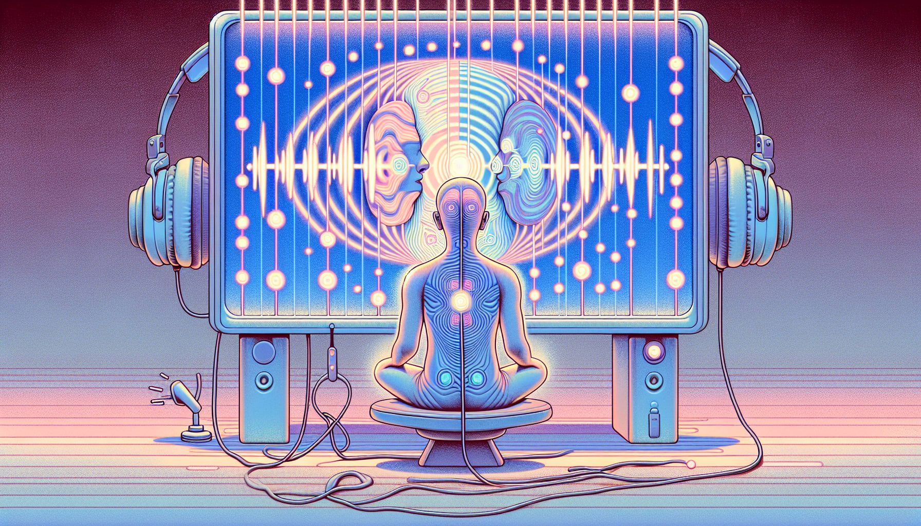 A stylized figure in a meditative pose sits before a large monitor with headphones, wires, and a glowing, intricate pattern resembling an eye and sound waves displayed on the screen. This serene scene encapsulates the essence of EMDR online therapy in California.