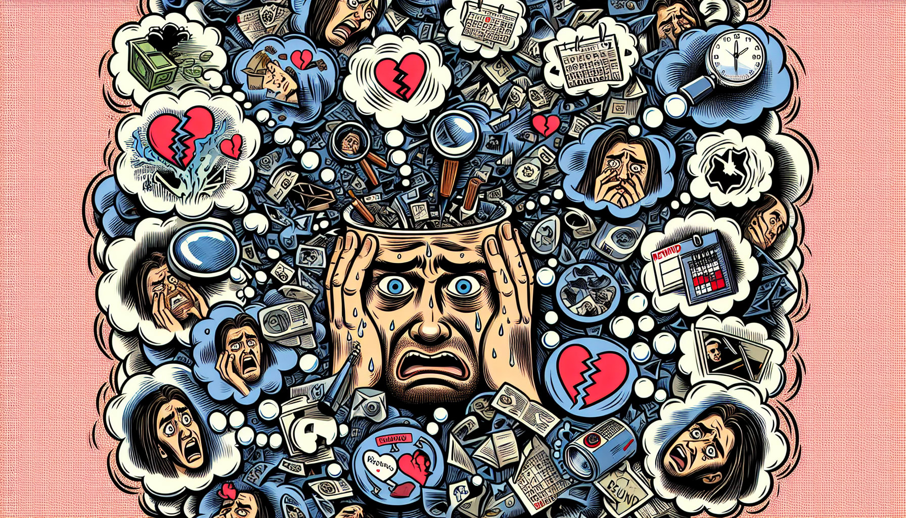 Cartoon of a person with thought bubbles depicting obsessive thoughts and compulsive behaviors related to retroactive jealousy and needing a San Francisco DBT therapist to overcome jealousy 