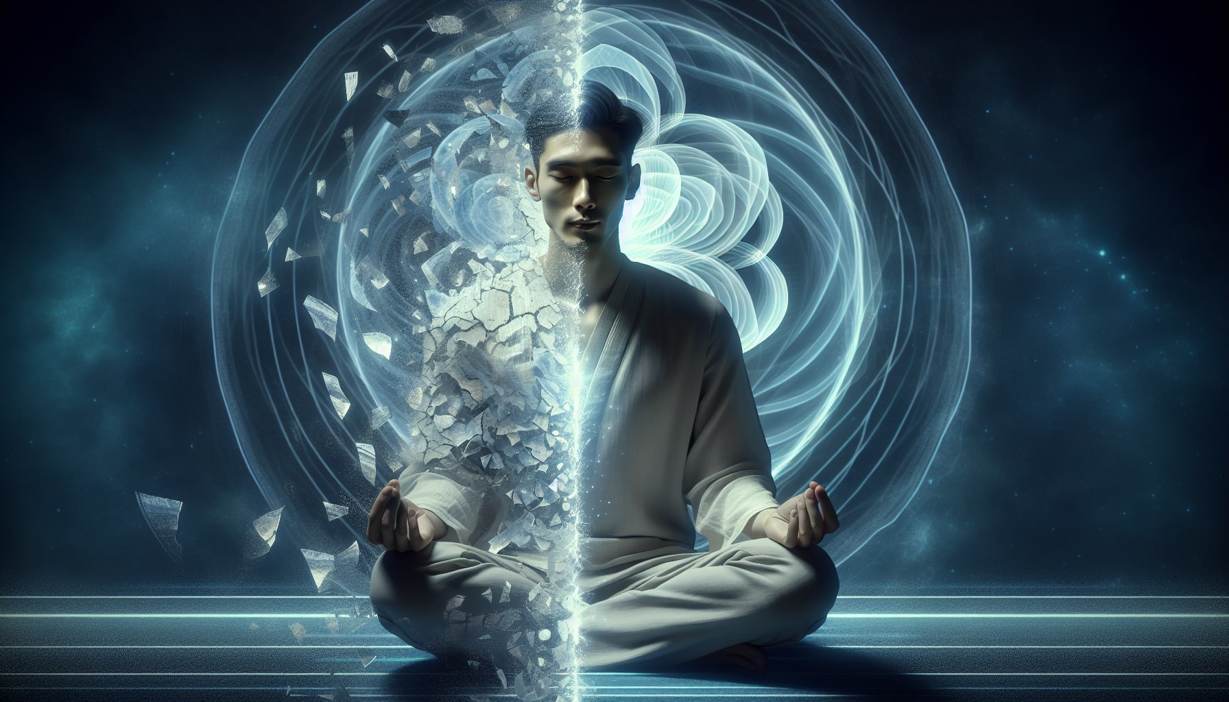 A person meditates in a seated position with eyes closed. The scene is half-realistic, half-abstract, with one side disintegrating into fragments and the other surrounded by swirling, luminescent patterns—reminiscent of the healing journeys guided by trauma counselors in San Francisco.
