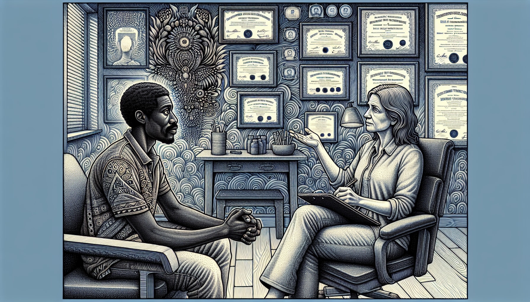Illustration of a patient asking questions to a potential ERP therapist