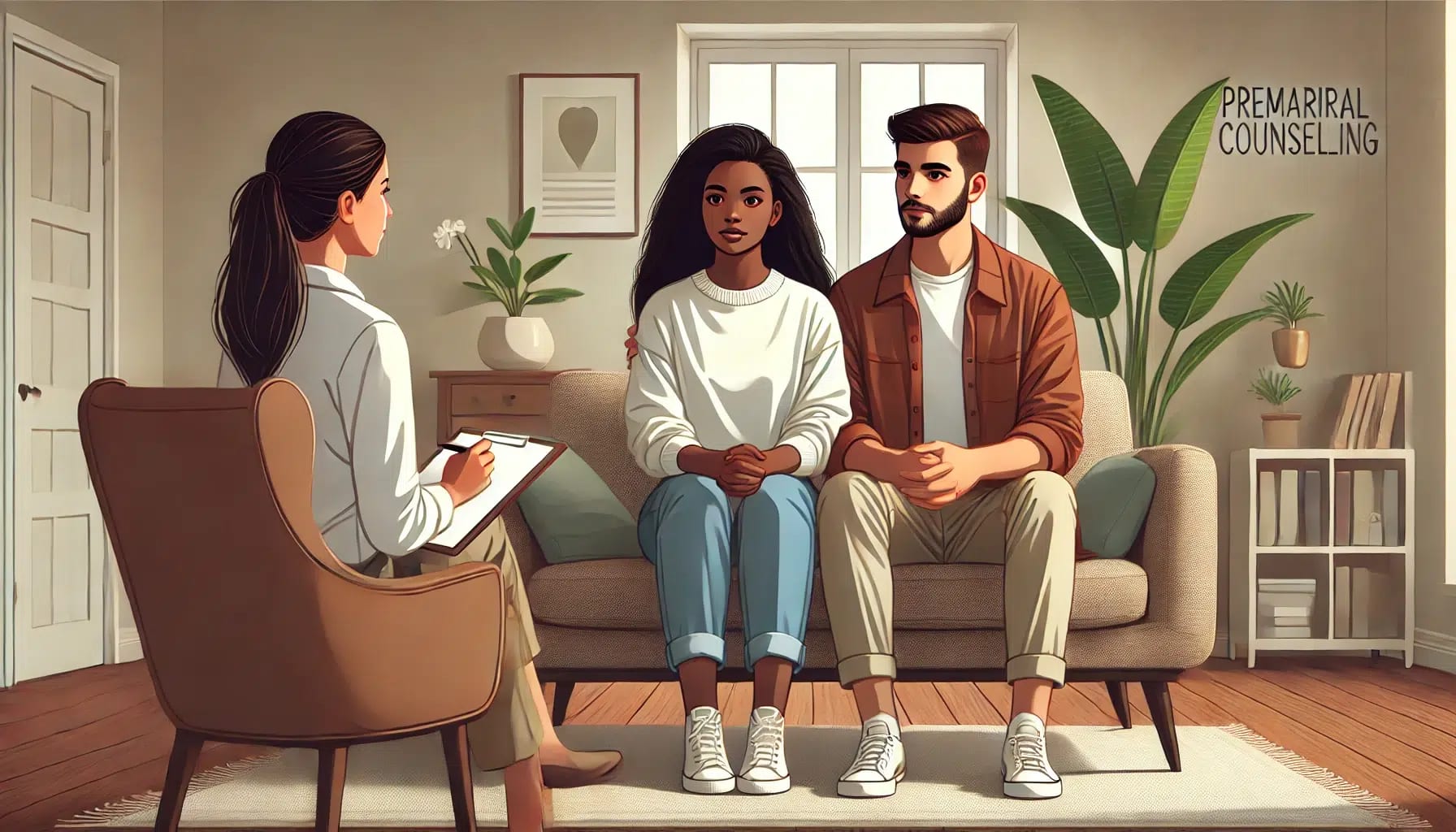 A couple sits on a sofa in a counseling session with their relationship therapist. The therapist is taking notes while the couple listens attentively. A sign on the wall reads "Premarital Counseling," highlighting the importance of seeking guidance from an experienced premarital counselor in San Francisco.
