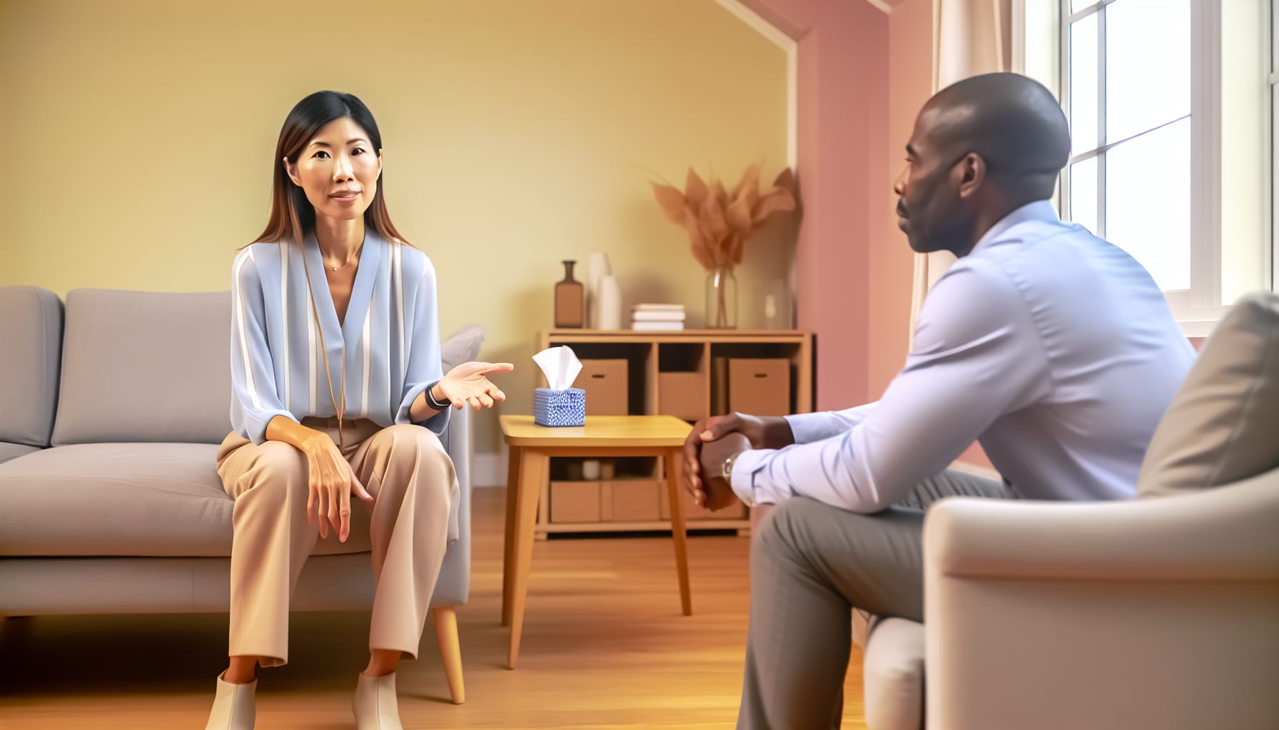 Therapist and client engaged in a genuine therapeutic relationship, fostering personal exploration and development.