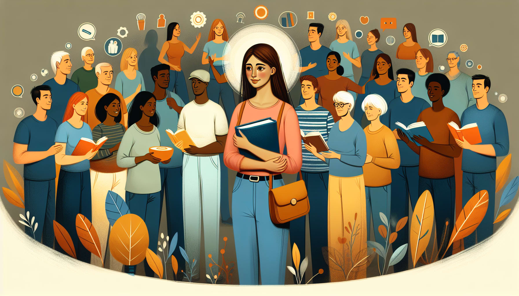 Illustration of a supportive community of marriage and family therapists in san Francisco around a young woman