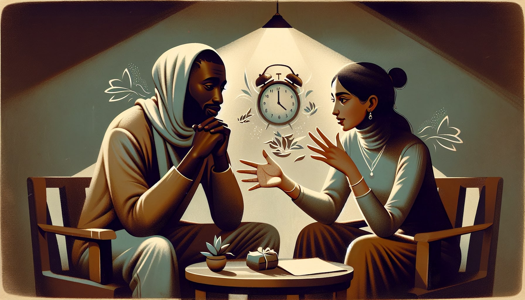 Illustration of a couple engaged in a premarital counseling session San Francisco and Oakland, practicing active listening and effective expression