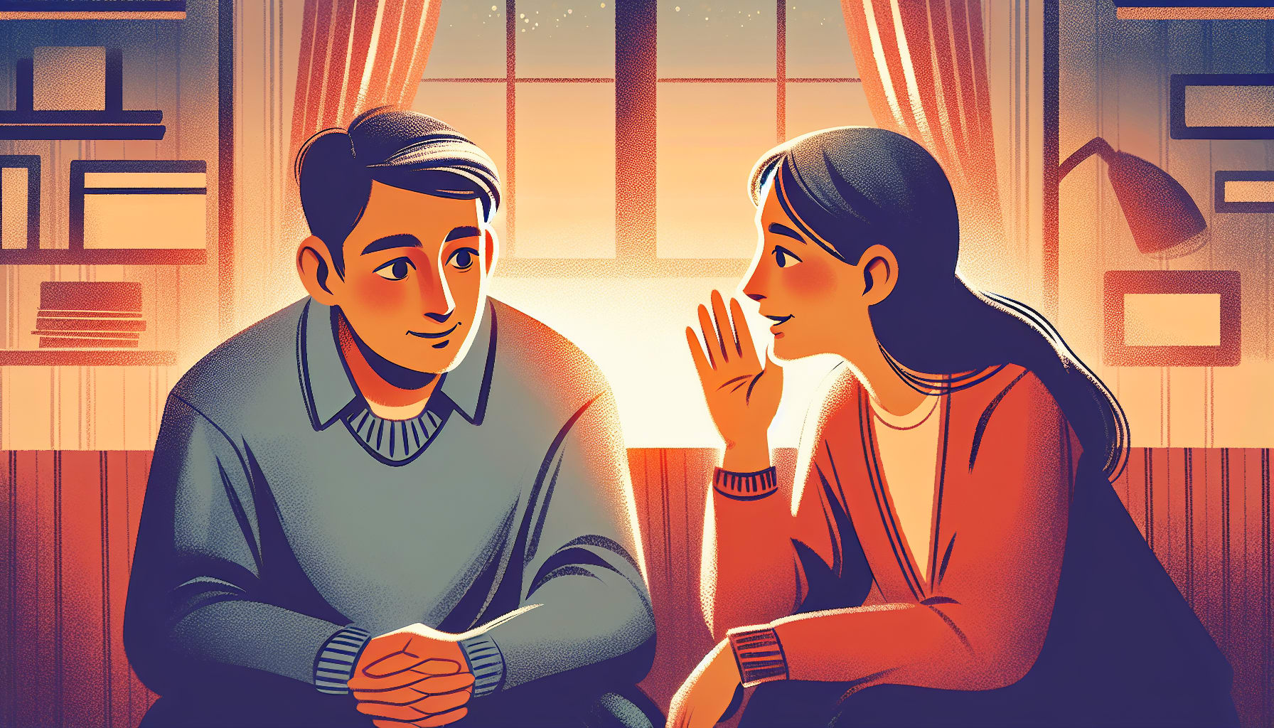 Illustration of a couple practicing active listening which is the skill they learned from their SF couples therapist in couples counseling