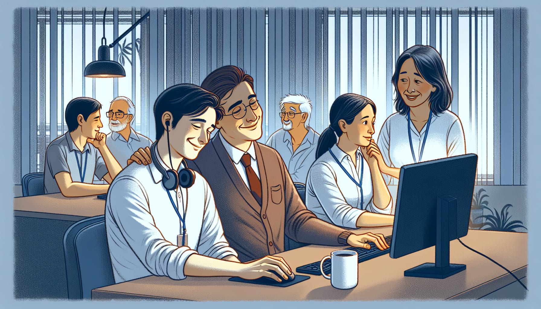 A diverse group of people working together in an office. One man attentively watches as a younger colleague uses a computer, possibly searching for EMDR therapists in San Francisco. Others engage in discussions or work at their own stations in the background.