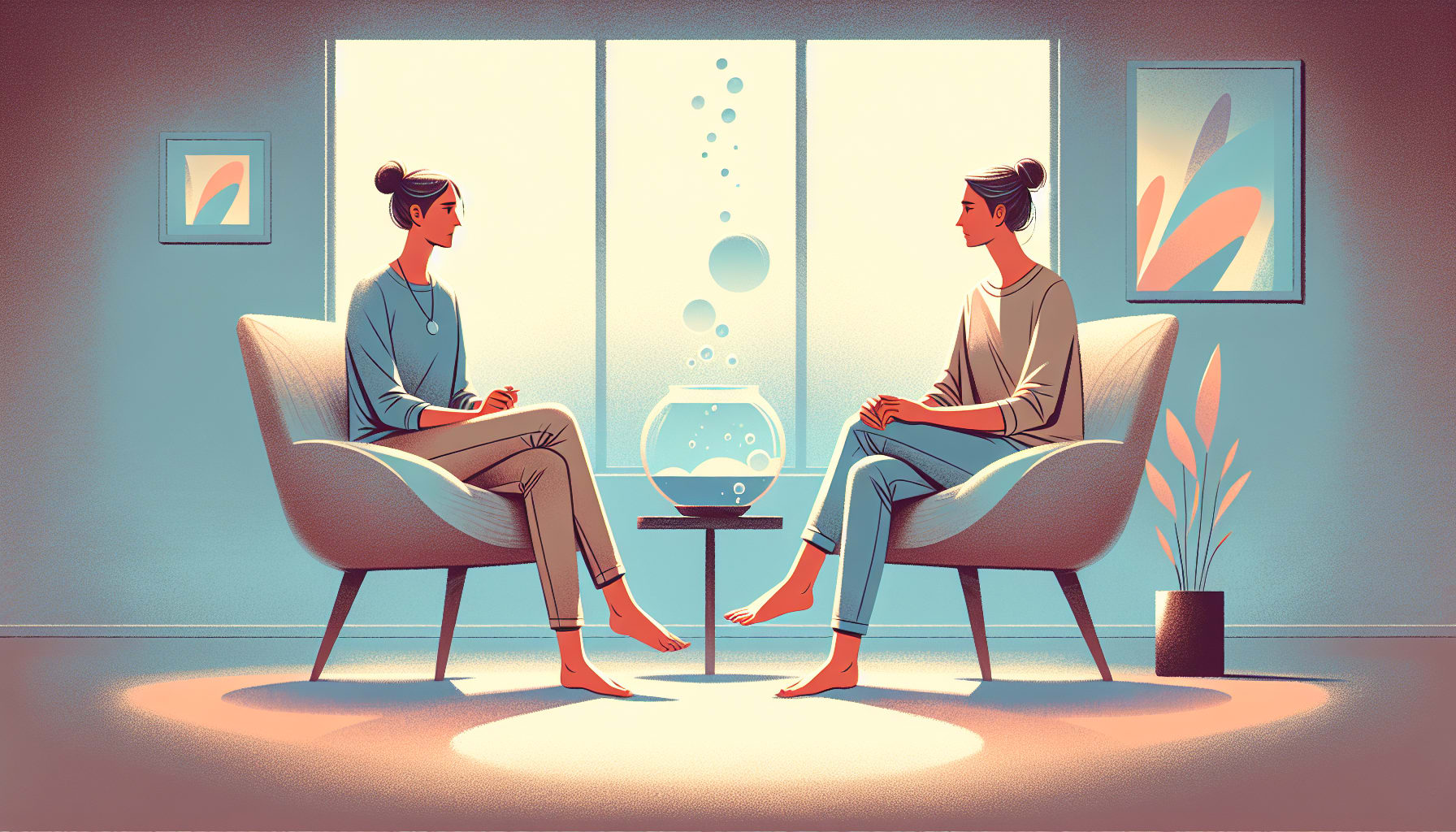 Two individuals sit in armchairs facing each other, separated by a small table with a fishbowl. They are in a softly lit room with abstract artwork and a potted plant in the background, engaged in trauma counseling SF.