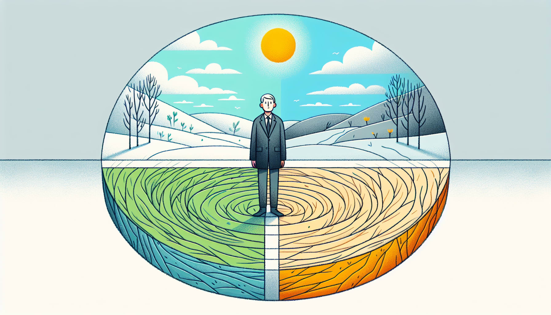 A person stands in the center of a circular diagram divided into four quadrants, each representing a different season: spring, summer, autumn, and winter—an analogy often used by San Francisco bipolar therapists to illustrate mood variations.
