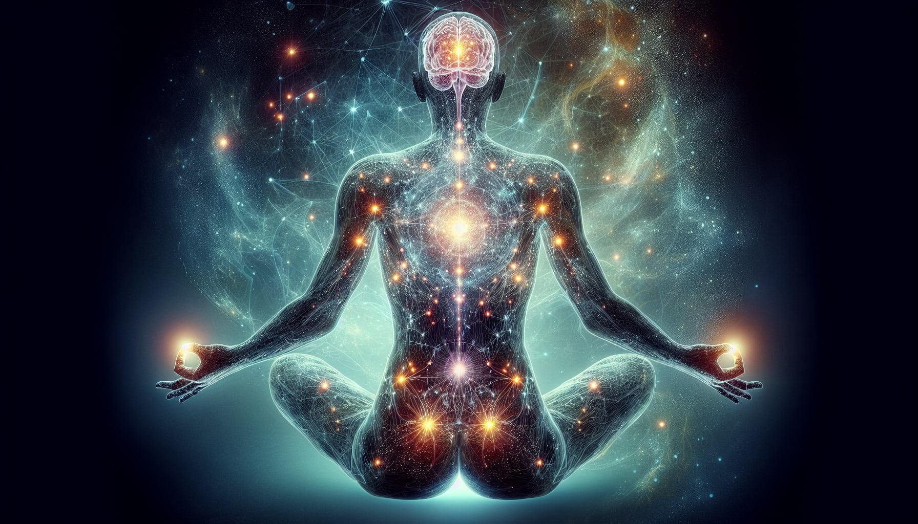 A digital illustration of a person in a meditative pose with a cosmic network highlighting their brain and chakras, captures the essence often explored by San Francisco somatic therapists. Various points of light and energy pathways are intricately depicted throughout the body.