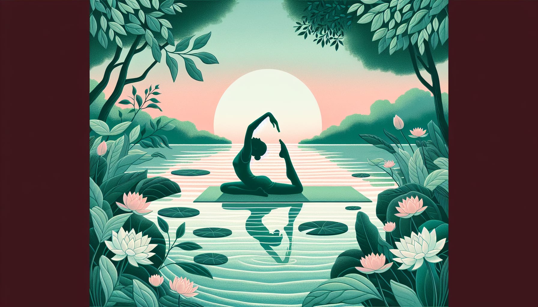 A person performs an arching yoga pose on a mat by a serene lake, surrounded by lush foliage and water lilies, with a large sun setting in the background—a moment of tranquility that even emdr therapists in San Francisco might recommend for mindfulness.