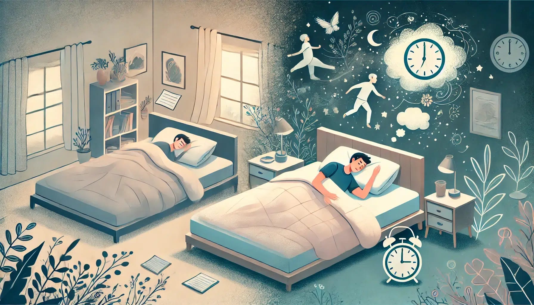 Illustration of a person asleep in bed, with a split scene showing a daytime reality on the left and a nighttime dreamscape with floating figures and clocks on the right—a visual metaphor often explored by San Francisco therapists for bipolar disorder.