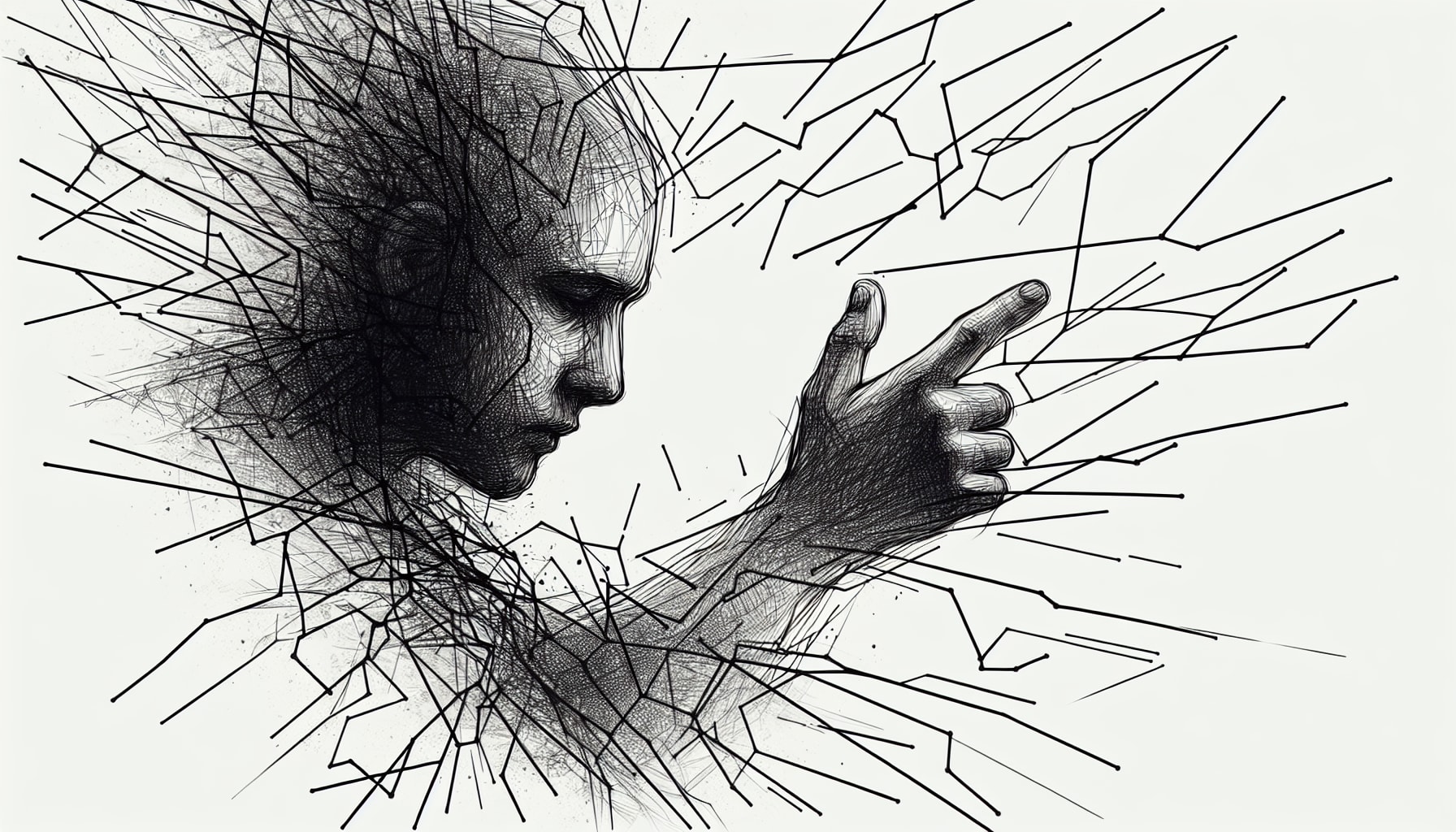 A monochromatic sketch shows an adult figure pointing with an outstretched arm. Radiating lines and sharp angles lend a fragmented, abstract appearance, mirroring the complexities often faced by adults with reactive attachment disorder in San Francisco.