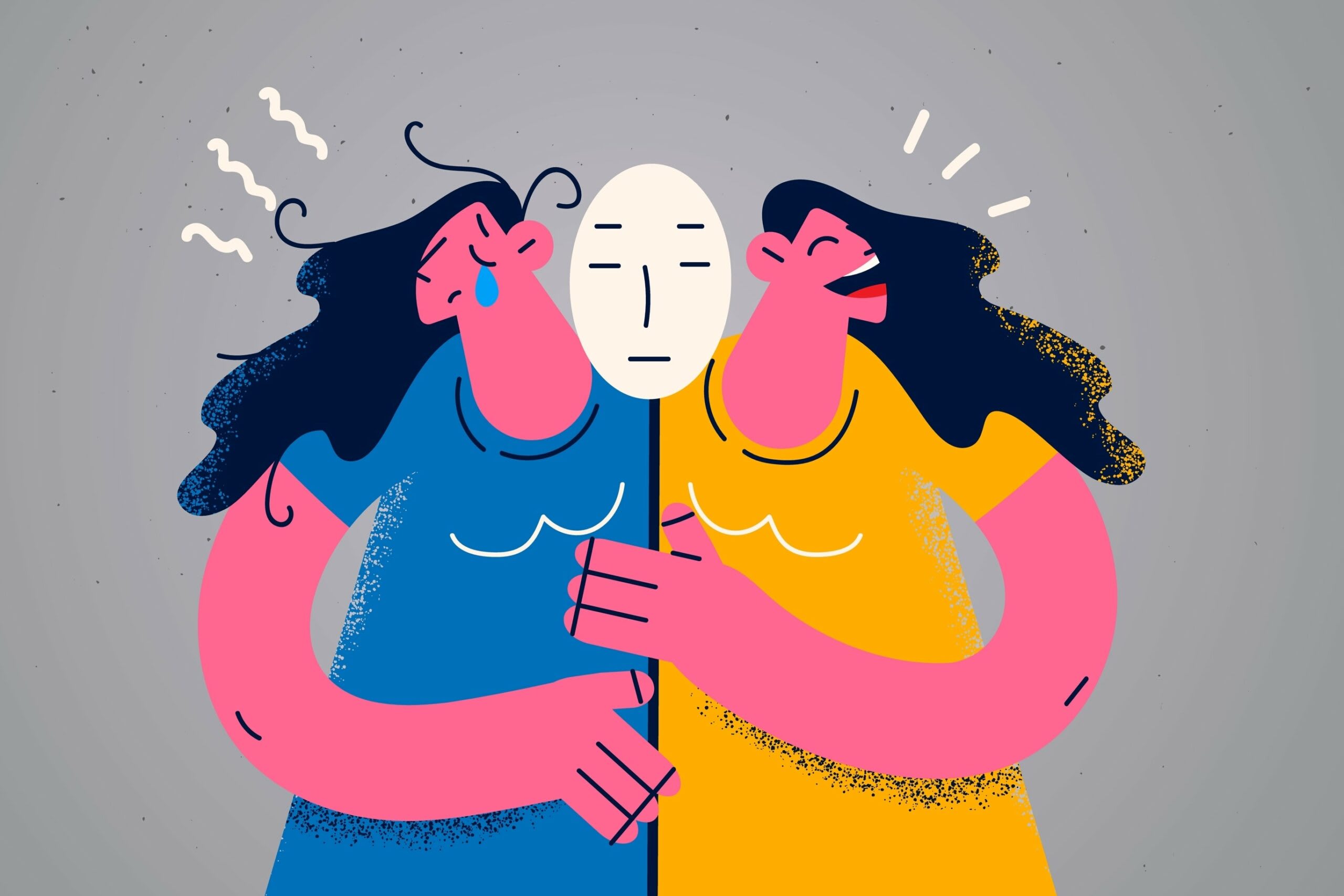 Illustration of two people holding a mask. One person is frowning and has tear marks, while the other is smiling with lines indicating laughter. The mask has a neutral expression, capturing the emotional contrasts often addressed in SF therapy for bipolar disorder.