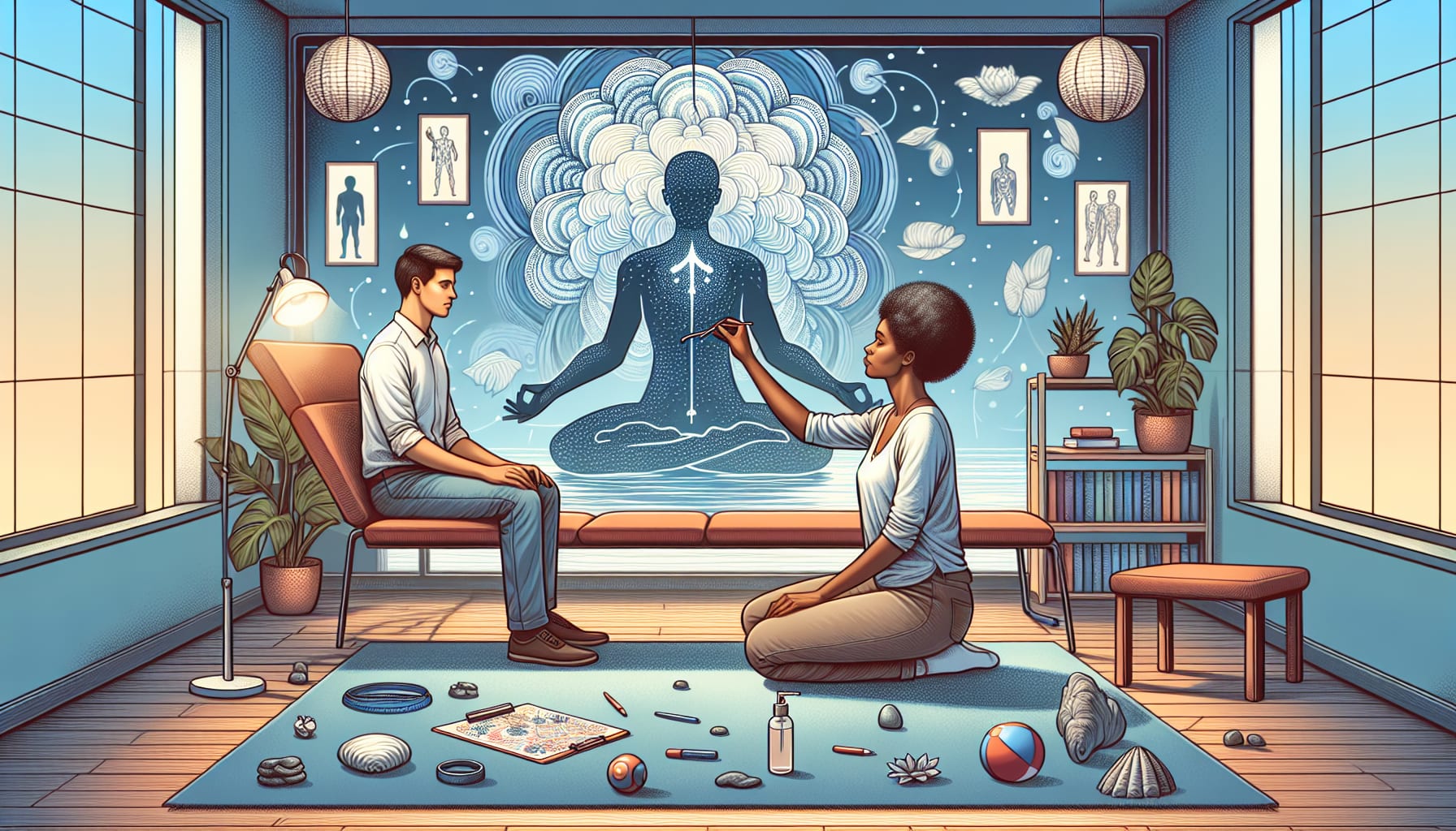 Illustration of cognitive therapist treating anxiety disorders