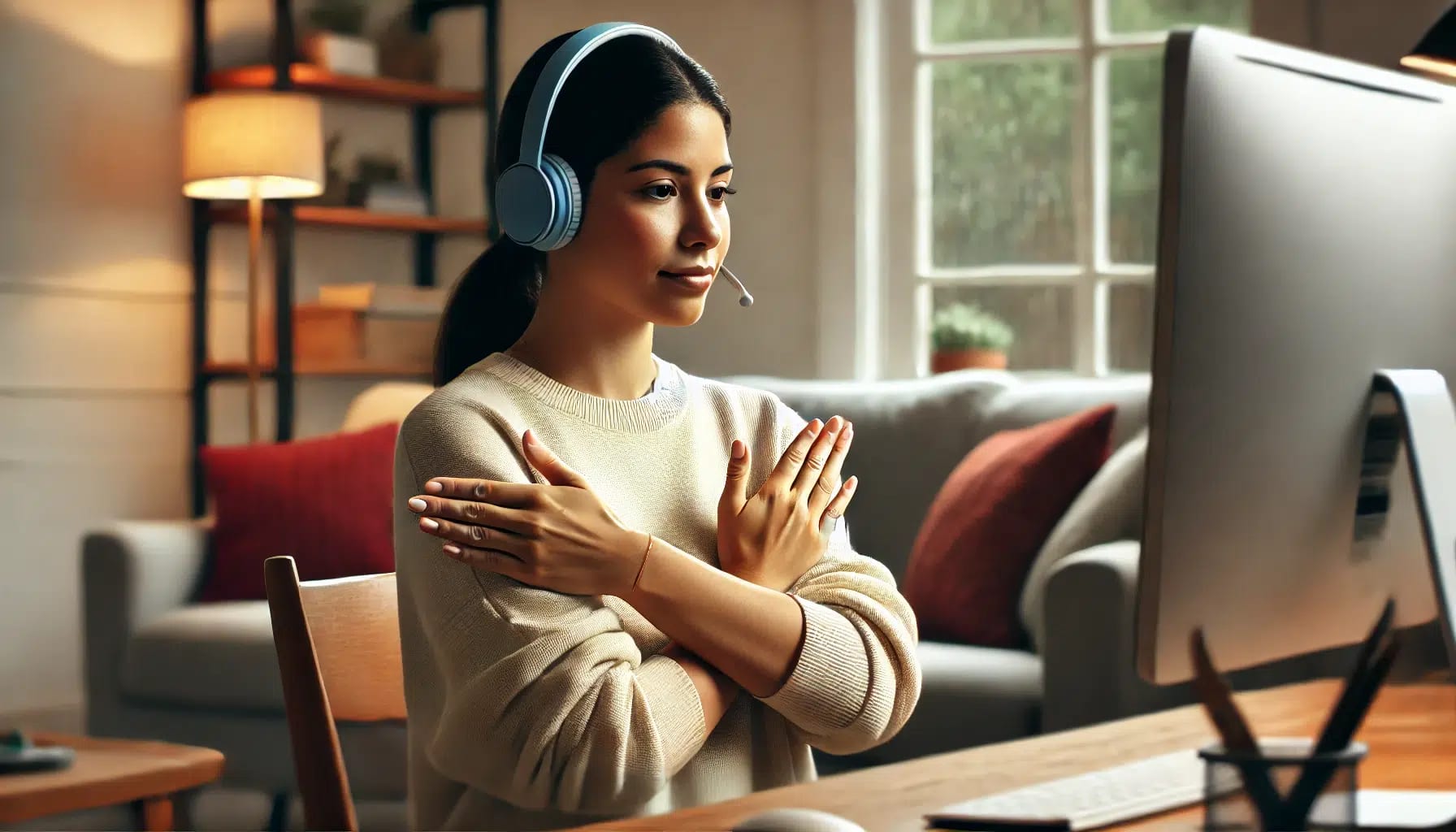 Person wearing headphones with a microphone sits in a cozy room with bookshelves and a sofa, engaging in an online EMDR therapy California, hands crossed across their chest as her San Francisco emdr therapist online guides her in bilateral stimulation.