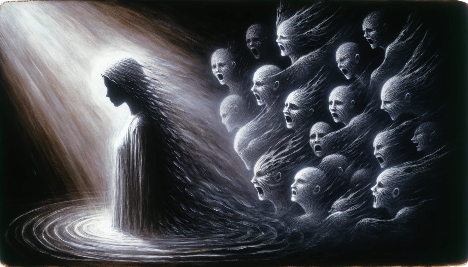 A lone figure stands in water, bathed in light, while eerie, ghostly faces emerge from darkness behind them, expressing anguish and distress—a haunting scene that trauma counselors often help navigate.